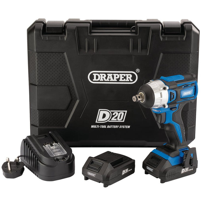 Draper D20 20V Brushless Impact Wrench, 1/2" Sq. Dr., 250Nm, 2 x 2.0Ah Batteries, 1 x Charger (55343)